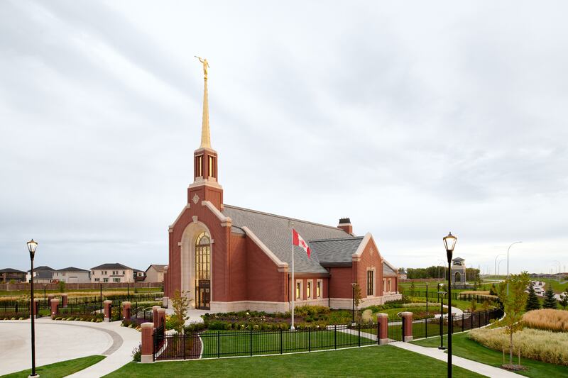 An exterior view of the Winnipeg Manitoba Temple in the morning.
