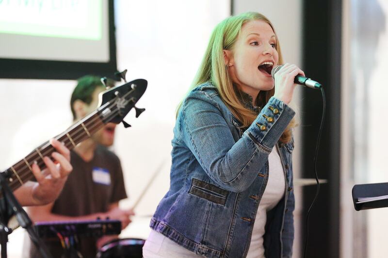 Rebecca Ray sings during Sunday Assembly in Salt Lake City on Sunday, Feb. 11, 2018. Sunday Assembly is a nonprofit group designed to serve atheists, agnostics, humanists and other religiously unaffiliated adults in Utah.