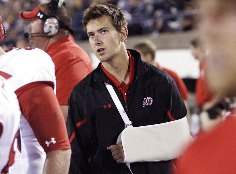 Utah quarterback Jordan Wynn injured his shoulder late in the first half against USU and didn't return to the game.