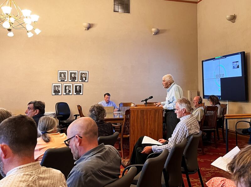 Stephen Pace offers public comment during a Salt Lake City Council meeting held on Aug. 8, while Kirk Huffaker sits to his left. The two pushed the council for an ordinance change that allows Pace to reconstruct the carriage house on the Beer Estate, which he owns.