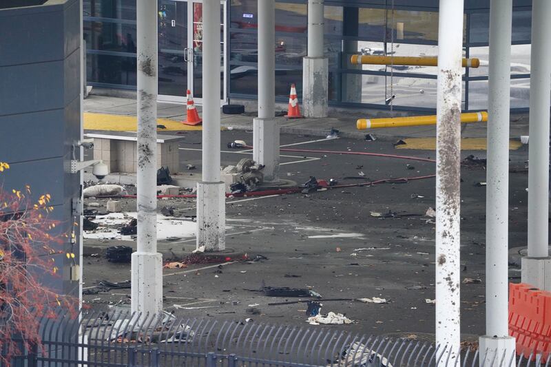 Debris is scattered about inside the customs plaza at the Rainbow Bridge border crossing in Niagara Falls, N.Y.