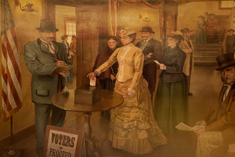 A painting of Seraph Young, the first woman known to cast a ballot in Utah, can be seen in the House Chamber at the State Capitol in Salt Lake City.