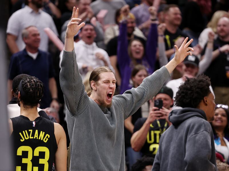 Utah Jazz forward Kelly Olynyk celebrates two Denver missed free throws at Vivint Arena in Salt Lake City on April 8, 2023.
