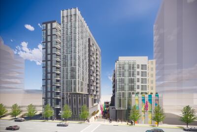 An artist's rendering of a mixed-use, 190-unit development being proposed by Brinshore Development LLC at 255 S. State Street in Salt Lake City. One building would stand 13 stories tall and the other eight stories tall.