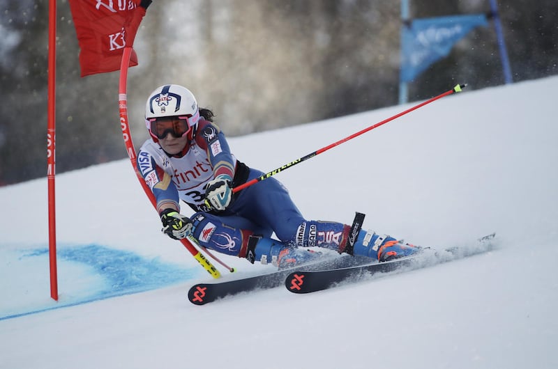 Megan McJames, of the United States, competes during her first run in the women's FIS Alpine Skiing World Cup giant slalom race, Saturday, Nov. 25, 2017, in Killington, Vt.