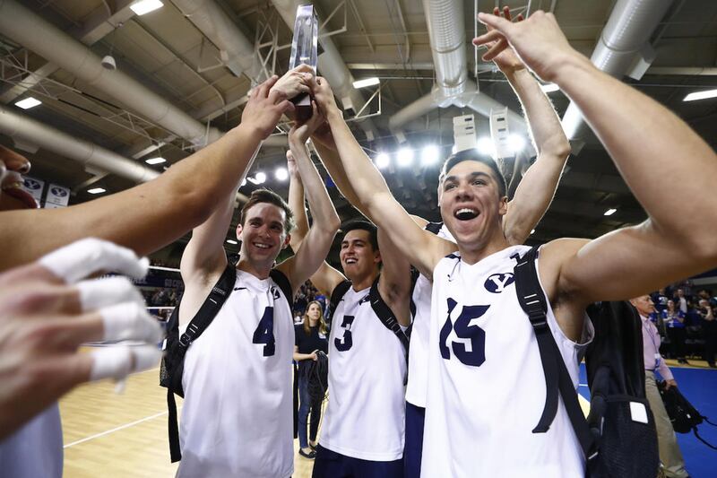The BYU men\'s volleyball team celebrates winning the MPSF Championship on Saturday in Provo.