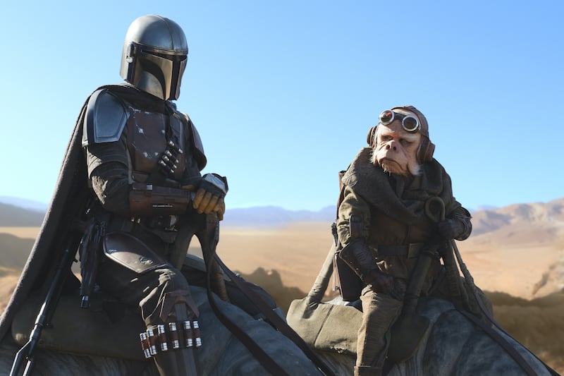 Pedro Pascal is the Mandalorian and Nick Nolte is Kuiil in “The Mandalorian,” exclusively on Disney Plus.