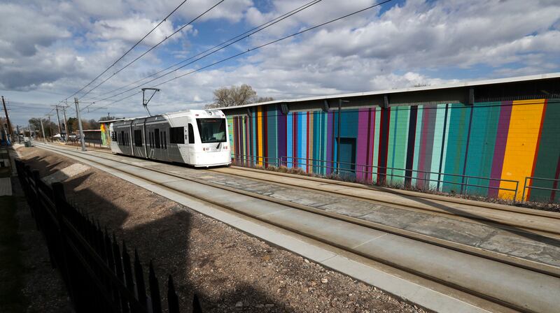 An S-Line streetcar passes through the newly completed double track area of the line near 2200 South and 300 East in Salt Lake City on Friday, April 5, 2019. With the double track construction project completed, a streetcar will be available every 15 minu