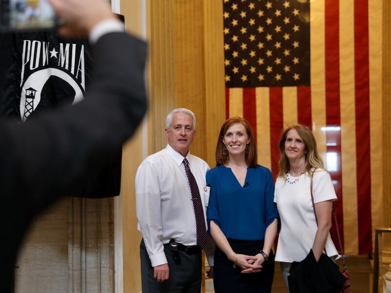 Jennie Taylor, center, the widow of former North Ogden Mayor and major in the U.S. Army National Guard Brent Taylor who was killed in Afghanistan in November 2018, with Brent's parents, Stephen and Tamara Taylor, visit Statuary Hall in the U.S. Capitol in