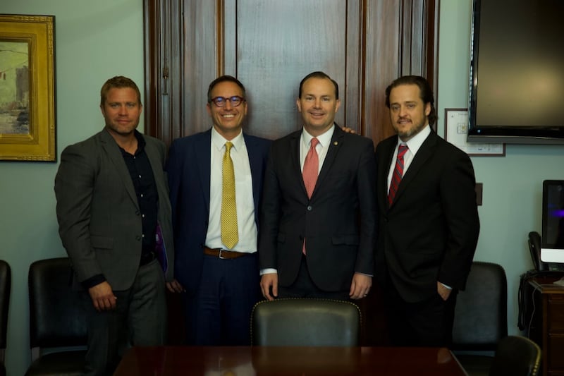 Utah Sen. Mike Lee (second from right) stands with (l-r) Tim Ballard, Eric Dowdle and Paul Cardall at the Washington D.C. announcement on June 7, 2018 of the new Utah-based George Washington Museum of American History.