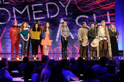 JK! Studios, right, waits to hear the judges' votes with "Bring the Funny" host Amanda Seales and opponent sketch group Kids These Days.