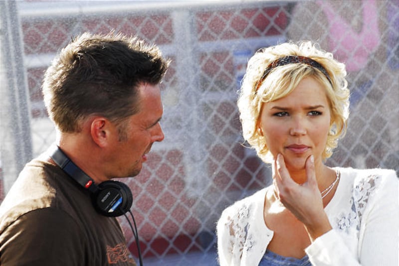 Director Ryan Little talks with Arielle Kebbel on the set of "Forever Strong." Little is best known for his World War II drama, "Saints and Soldiers."