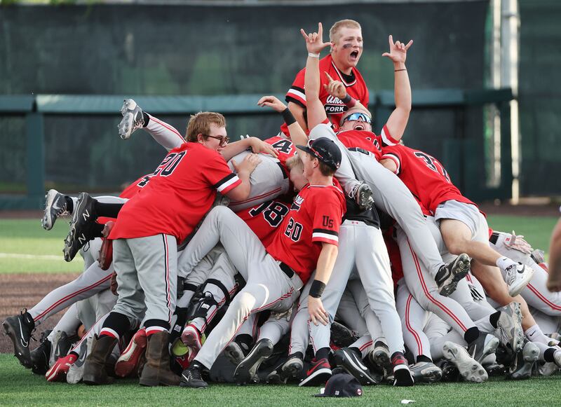 American Fork celebrates its win over Skyridge for the 6A state baseball championship in Orem on Saturday, May 27, 2023.