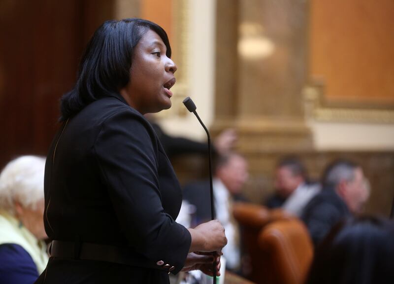 FILE - Rep. Sandra Hollins, D-Salt Lake City, talks during a special session of the Utah State Legislature at the Capitol in Salt Lake City on Monday, Dec. 3, 2018. Hollins wants to remove an exception to the Utah Constitution's ban on slavery and involun