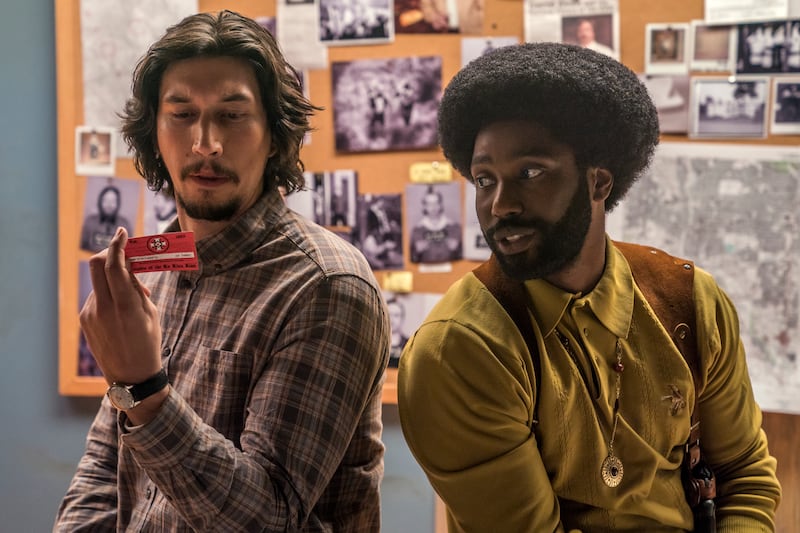 Adam Driver stars as Flip Zimmerman and John David Washington as Ron Stallworth in Spike Lee’s “BlacKkKlansman.”