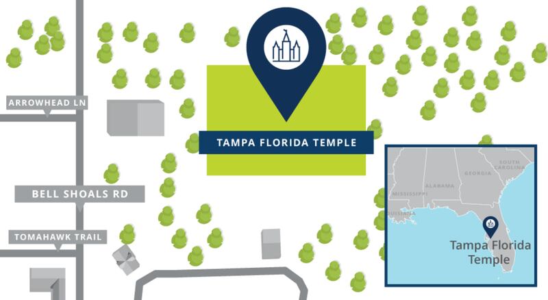 Map showing the location of the planned Tampa Florida Temple of The Church of Jesus Christ of Latter-day Saints.