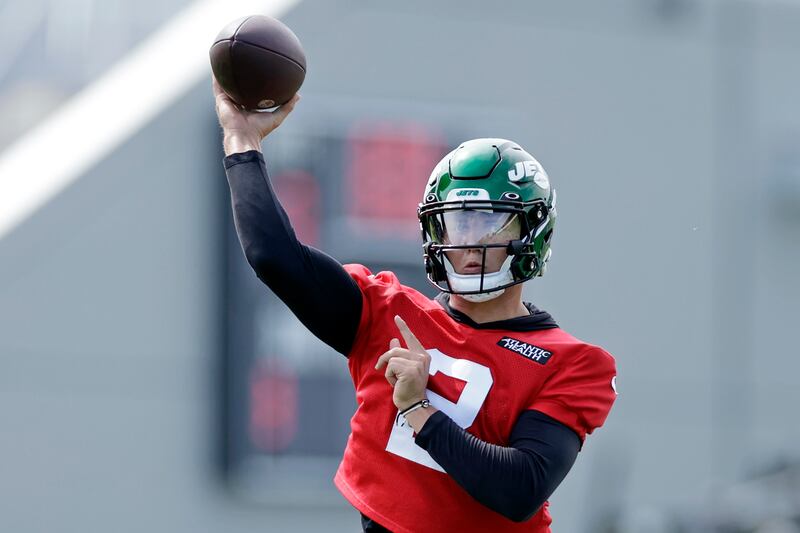 New York Jets quarterback Zach Wilson takes part in drills at the NFL football team’s practice facility.