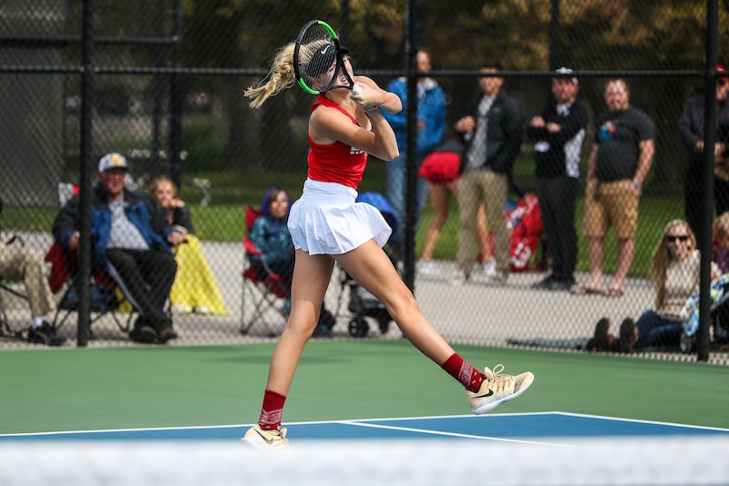 East’s Emmie Moore competes in the No. 1 singles championship match against Alta’s Emilee Astle during the 5A state tennis tournament at the Liberty Park Tennis Center in Salt Lake City on Saturday, Oct. 6, 2018.