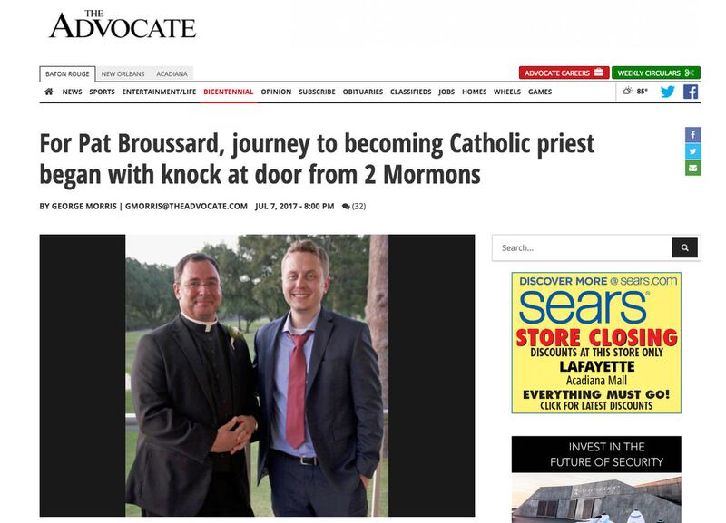 Pat Broussard of Baton Rouge, Louisiana, said he started his unusual path to becoming a Catholic priest by befriending a pair of Mormon missionaries 15 years ago.