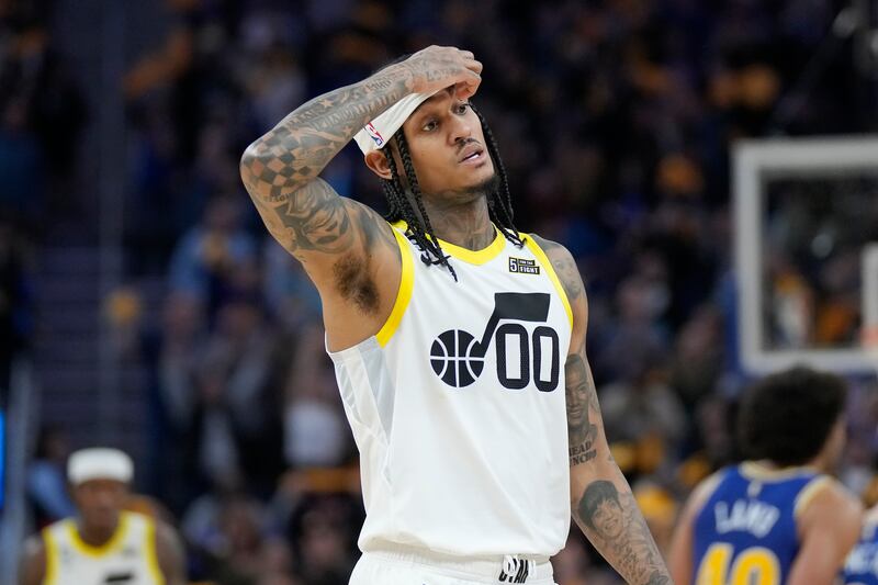 Utah Jazz guard Jordan Clarkson (00) reacts after a 3-point basket by Golden State Warriors guard Donte DiVincenzo during the second half of an NBA basketball game in San Francisco, Wednesday, Dec. 28, 2022. (AP Photo/Jeff Chiu)