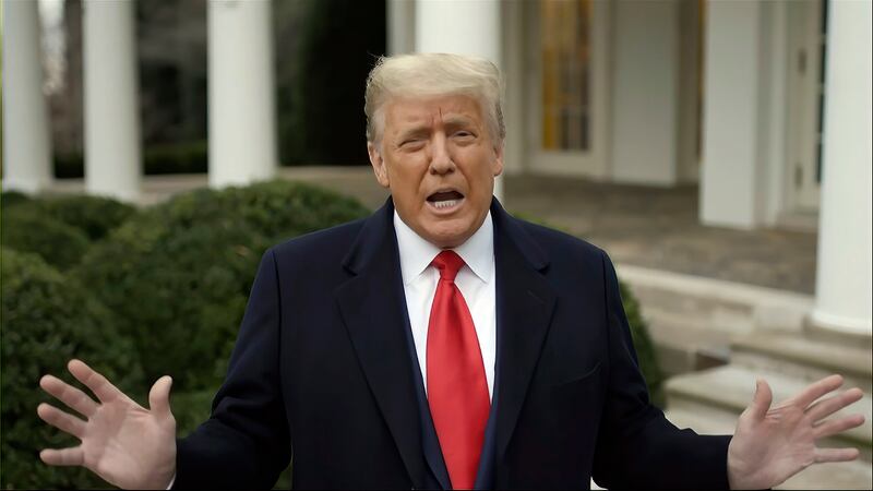 This photo shows President Donald Trump recording a video statement on the afternoon of Jan. 6, 2021, from the Rose Garden.