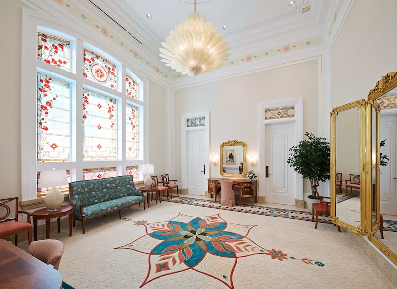 The bride's room inside the Farmington New Mexico Temple, which The Church of Jesus Christ of Latter-day Saints invited the public to tour from July 17 to Aug. 2, displays colorful patterns inspired by the local Native American influence and native flora.