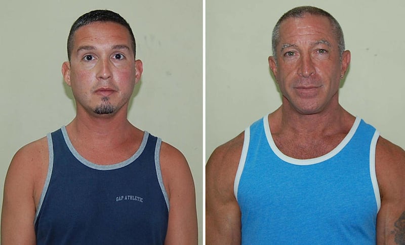 In this two picture combo, John Hart, 41, Dennis Jay Mayer, 43, both of Palm Springs, California, are seen in this police booking mug provided by the Dominica Police department, Thursday March 22, 2012. The Southern California men have pleaded guilty to