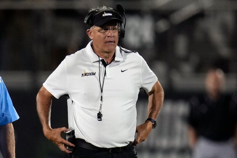 Central Florida coach Gus Malzahn watches play during the team’s annual spring game, Friday, April 14, 2023, in Orlando.