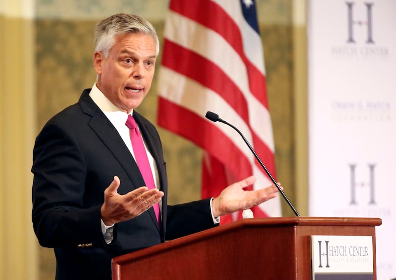 Former Utah Gov. Jon Huntsman Jr. speaks at a Hatch Center symposium on global peace and stability at The Grand America Hotel in Salt Lake City.