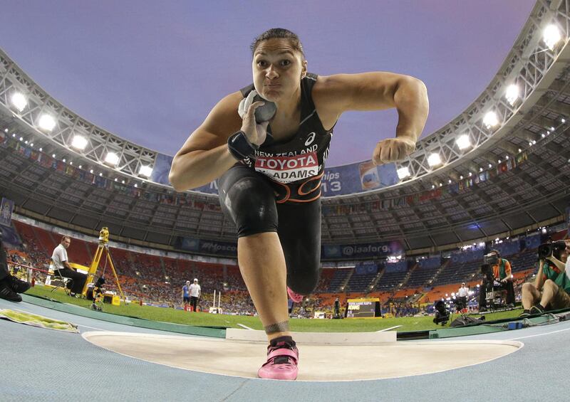 New Zealand's Valerie Adams competes in the women's shot put final at the World Athletics Championships in the Luzhniki stadium in Moscow, Russia, Monday, Aug. 12, 2013. Adams shared photos from her temple sealing on Facebook this week.