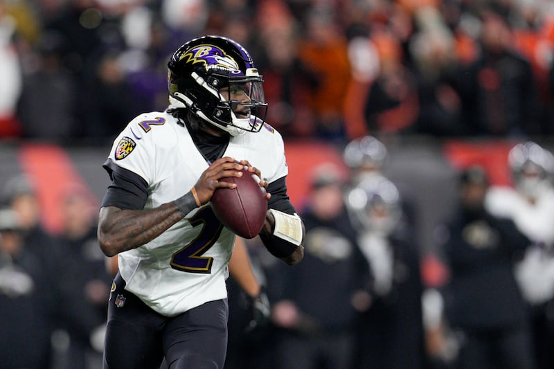 Baltimore Ravens quarterback Tyler Huntley (2) plays during a wild-card playoff football game against the Cincinnati Bengals.
