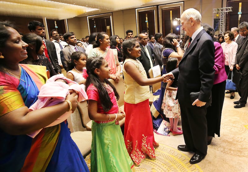 LDS Church President Russell M. Nelson greets Nadine Sunderraj, Nathalee Sunderraj and their mother, Stella Sunderraj, after the devotional in Bangaluru, India, on Thursday, April 19, 2018.