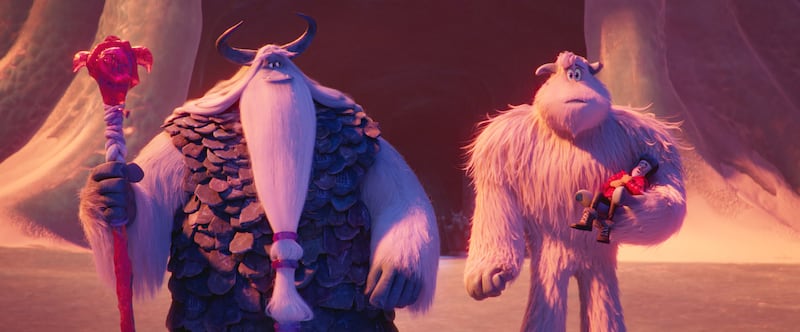 Stonekeeper (voiced by Common), Migo (voiced by Channing Tatum) and Percy (voiced by James Corden) in the new animated adventure "Smallfoot."