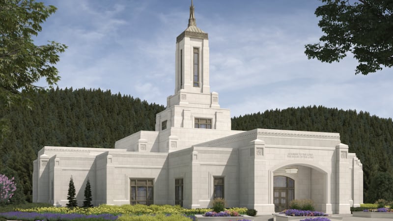 An artistic rendering of the Willamette Valley Oregon Temple.<br>