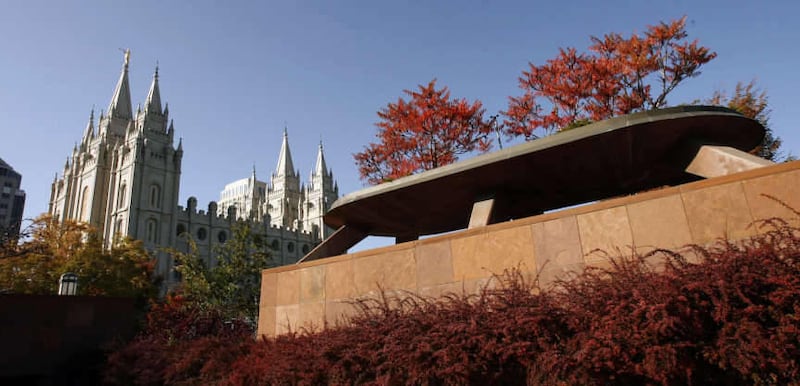Foliage in the plaza with the Salt Lake Temple in the background in Salt Lake City Wednesday, Oct. 26, 2011.