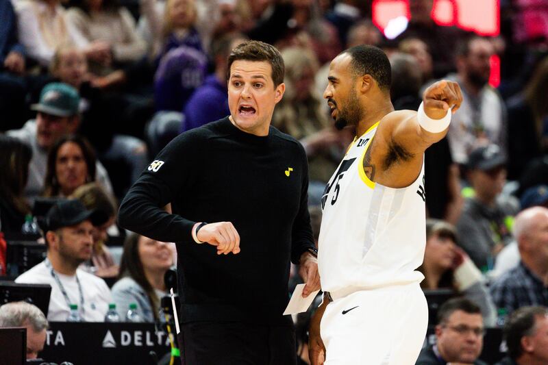 Utah Jazz coach Will Hardy talks to Talen Horton-Tucker during a game at the Delta Center in Salt Lake City, Nov. 2, 2023.