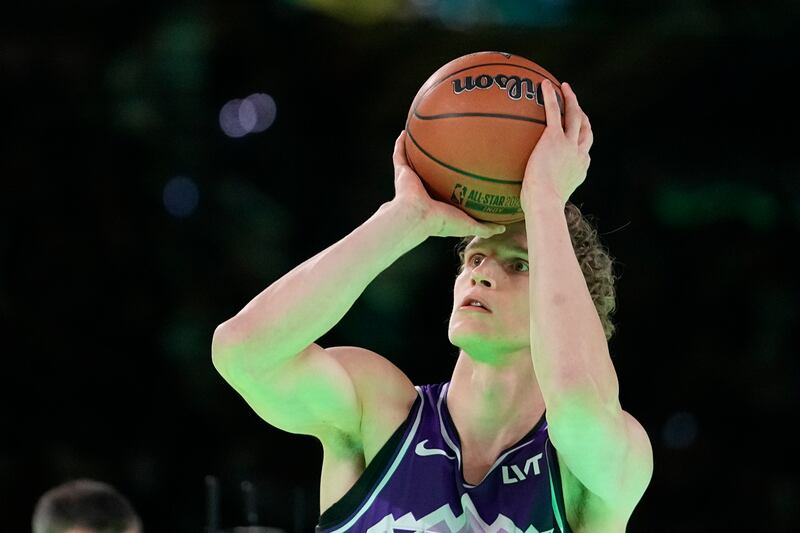 Utah Jazz’s Lauri Markkanen shoots during the 3-point contest at NBA All-Star Weekend, Feb. 17, 2024, in Indianapolis.