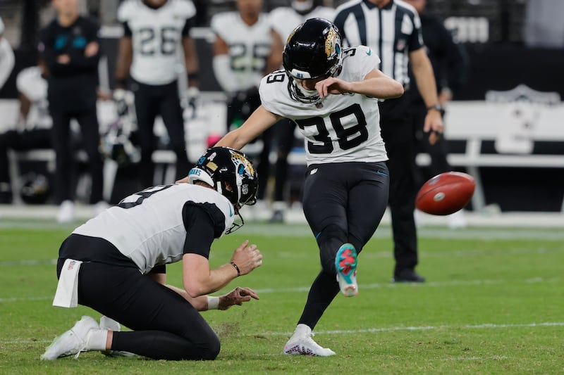 Jacksonville Jaguars place kicker Cam Little (39) kicks a field goal during game against the Las Vegas Raiders, Sunday, Nov. 2, 2025, in Las Vegas.