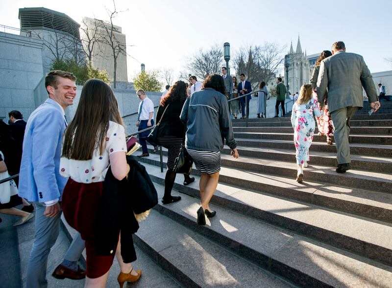 Conferencegoers arrive at the Conference Center for the Sunday morning session of the 188th Annual General Conference of The Church of Jesus Christ of Latter-day Saints, in the Conference Center in Salt Lake City on Sunday, April 1, 2018.