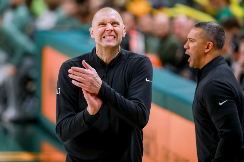 BYU basketball coach Mark Pope reacts to a missed shot against Baylor on Jan. 9, 2024, in Waco, Texas.
