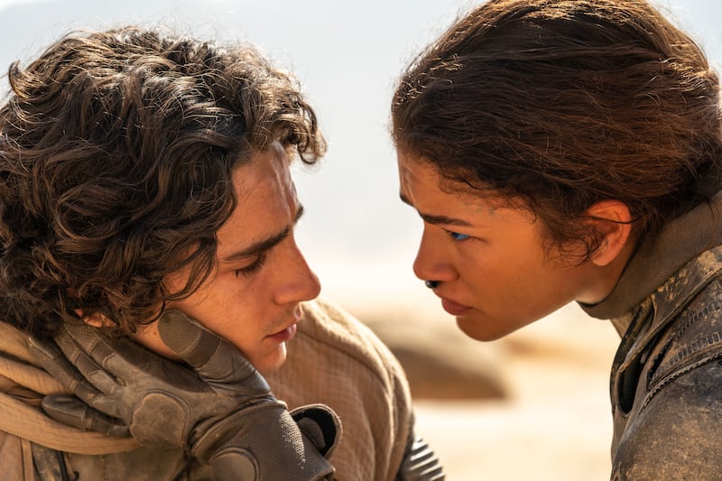 Timothee Chalamet as Paul Atreides and Zendaya as Chani in “Dune: Part Two.”