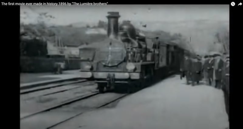 A screenshot of “Arrival of a Train,” the movie presented by the Lumière brothers in 1895.
