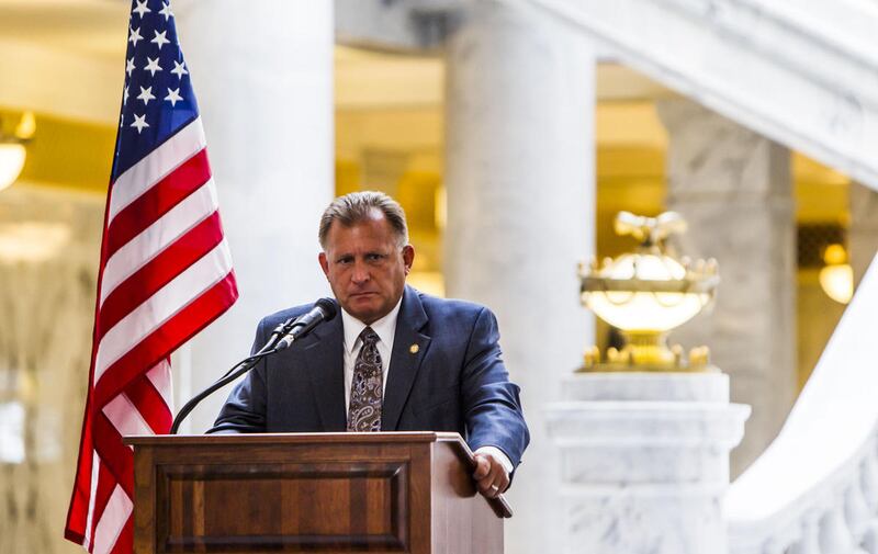 FILE - State Senator Curt Bramble shares his support during a rally to encourage the defunding of Planned Parenthood at the Utah State Capitol in Salt Lake City on Wednesday, Aug. 19, 2015. Bramble is working on legislation that would require doctors to a