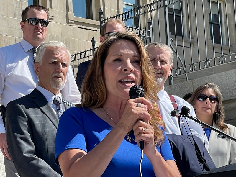 Idaho Lt. Gov. Janice McGeachin addresses a rally on the Boise Statehouse steps in Sept. 2021.
