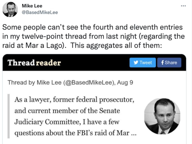A screenshot of Sen. Mike Lee’s personal Twitter account.