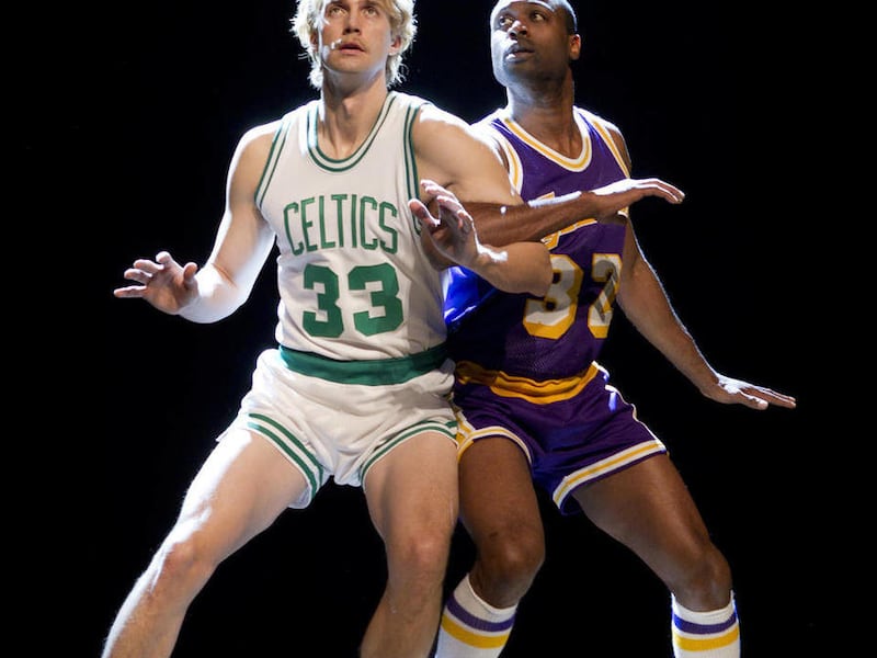 This undated publicity image provided by Kirmser/Ponturo Group, LLC shows Tug Coker, as Larry Bird, left, and Kevin Daniels, as Earvin "Magic" Johnson, in a scene from "Magic/Bird," a new play opening on Broadway on Wednesday, April 10, 2012.