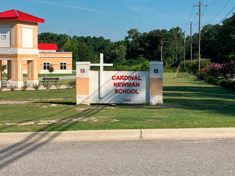 Cardinal Newman School in Columbia, S.C., is seen in this photo on Tuesday, Aug. 6, 2019. Parents with students at the private Catholic school are angry officials waited two weeks to let them know a 16-year-old student was expelled and arrested after auth