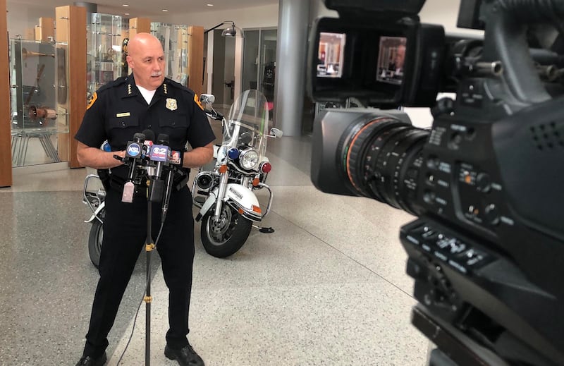 Salt Lake City’s police chief is interviewed by reporters in Salt Lake City during a year when many police reform initiatives were brought up.