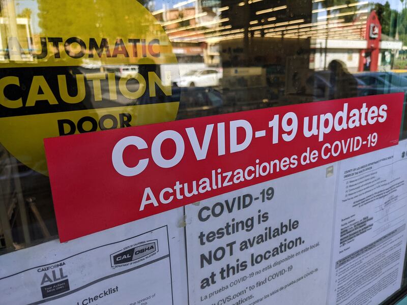 A sign is posted “COVID-19 testing in NOT available at this location,” on the doors of a CVS pharmacy in Los Angeles Wednesday, Feb. 3, 2021.
