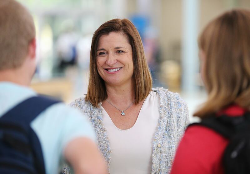 U.S. Senate candidate Jenny Wilson talks with students at Weber State University in Ogden on Wednesday, Oct. 3, 2018.